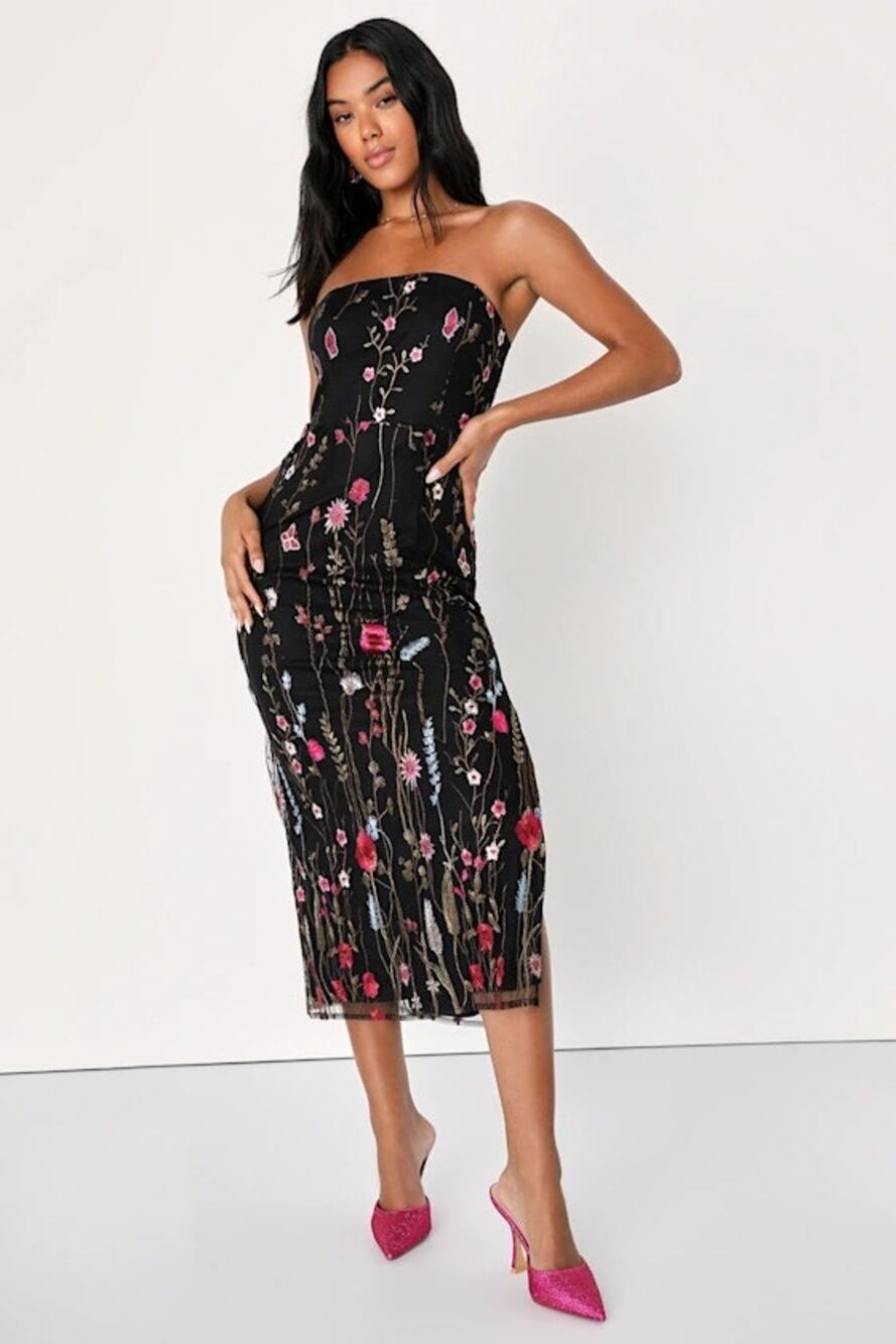 NWT Lulus Bold Botanicals Black Floral Embroidered Strapless Midi Dress L